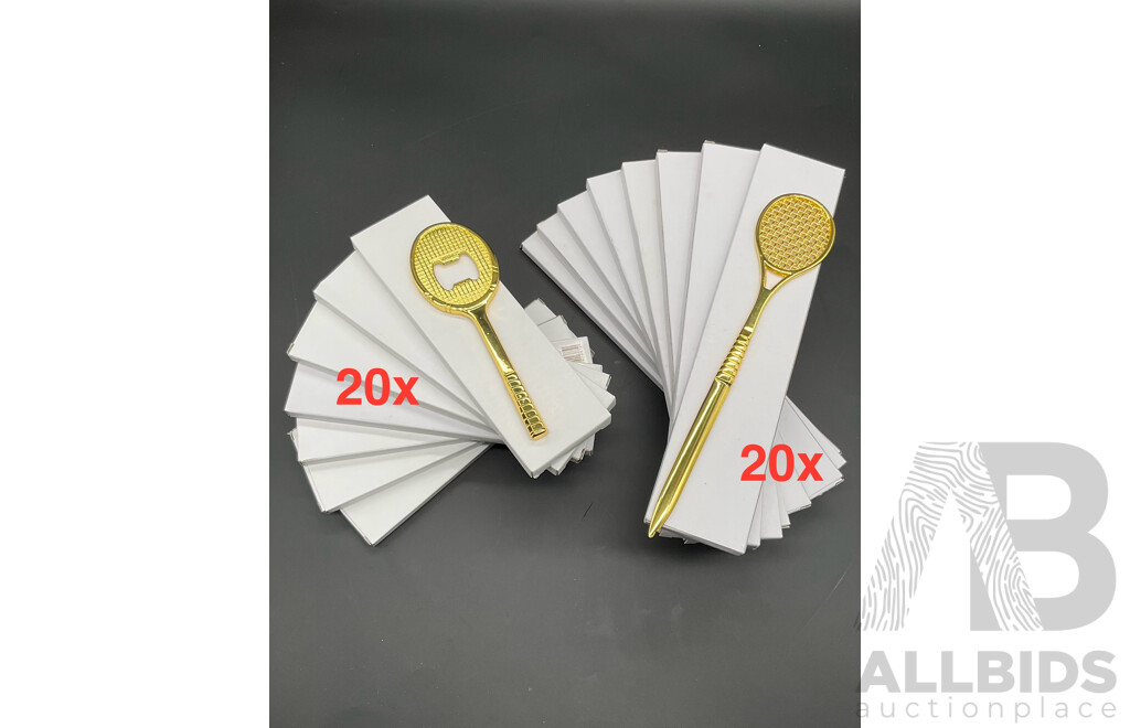 Golden Tennis Bottle Opener (x20) and Golden Tennis Letter Opener (x20) - Lot of 40