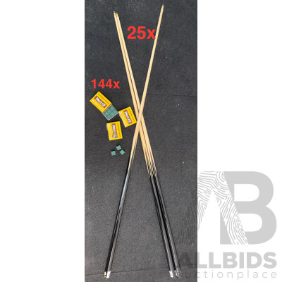60' One Piece Cue (x25) and PIONEER Billiard Chalk (x144)  - Lot of 169