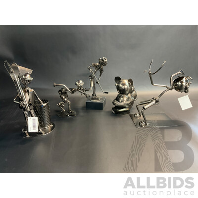 Assorted Metal ''Nuts and Bolts'' Sculptures, Including Fisherman, Ice Skater, Koala and Bottleholder - Lot of 5