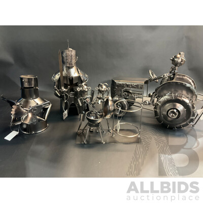 Assorted Metal Sculptures - Wine Bottle Holders, Including Ned Kelly, Knight and More - Lot of 4