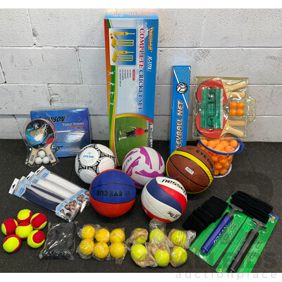Collection of Various Sports Equipment for Tennis, Table Tennis, Volleyball, Basketball, Soccer, Including Various Balls,  Cricket Set and More - Lot of 59