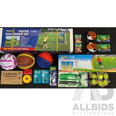 Collection of Various Sports Equipment for Golf, Cricket, Basketball, Netball, Including Various Balls, Velcro Golf Target Set and More - Lot of 25