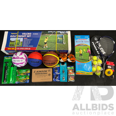 Collection of Various Sports Equipment for Golf, Tennis  Basketball, Netball, Including Various Balls, Velcro Golf Target Set and More - Lot of 26