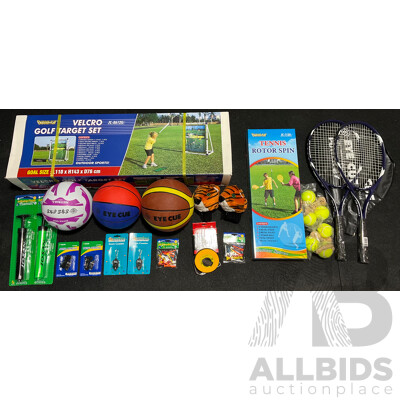 Collection of Various Sports Equipment for Golf, Tennis, Basketball, Netball, Including Various Balls, Velcro Golf Target Set and More - Lot of 24