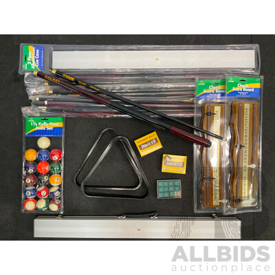 Assorted Billiard Equipment, Including Galaxy Nick Varner Cue (6x) and More  - Lot of 15