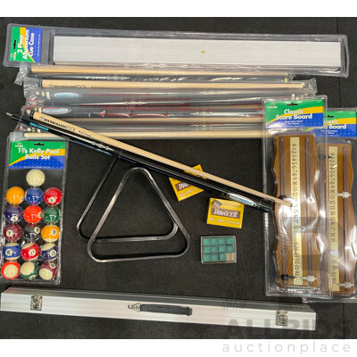 Assorted Billiard Equipment, Including Hard Rock Nick Varner Cue (6x) (6x) and More  - Lot of 15