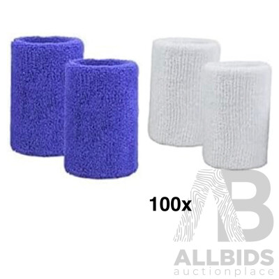 Sweat-Wicking Wristbands - Tennis Terry Towelling Cotton Sweat Workout Bands for Gym, Running - Blue and White - Lot of 100