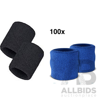 Sweat-Wicking Wristbands - Tennis Terry Towelling Cotton Sweat Workout Bands for Gym, Running - Blue and Black - Lot of 100