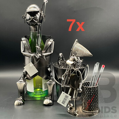 Assorted Metal ''Nuts and Bolts'' Sculptures, Including Fisherman Bottle Holder (x3) and Fisherman Pen Holder(x4) - Lot of 7