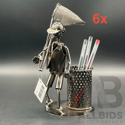 Assorted Metal ''Nuts and Bolts'' Fisherman Pen Holder Sculptures - Lot of 6
