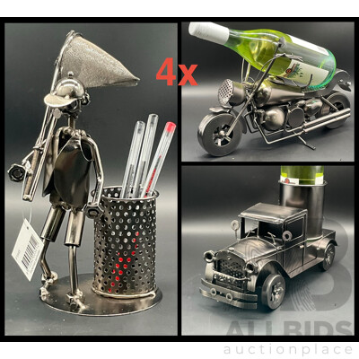 Metal ''Nuts and Bolts'' Motorcycle (x2), Truck Bottle Holder (x1) and Fisherman Pen Holder Sculptures - Lot of 4