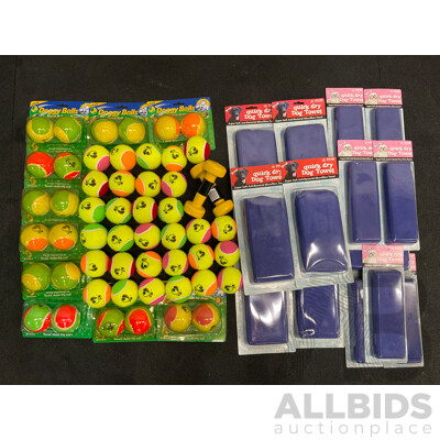 Assorted Bundle of Dog Toys and Towels - Lot of 58