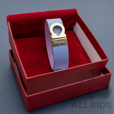 Salvatore Ferragamo Fleur Bleu Leather Wrist Band Bracelet in Original Presentation Box