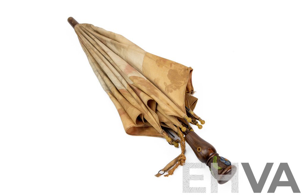 Vintage Fabric Parasol with Turned and Carved Timber Handle