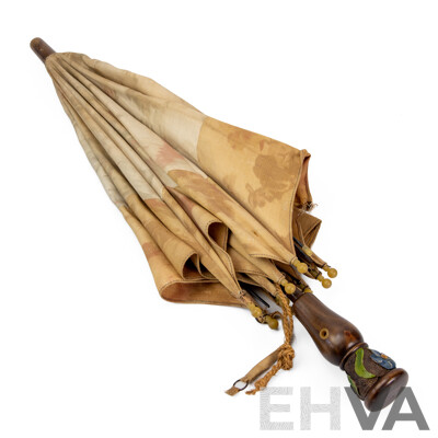 Vintage Fabric Parasol with Turned and Carved Timber Handle