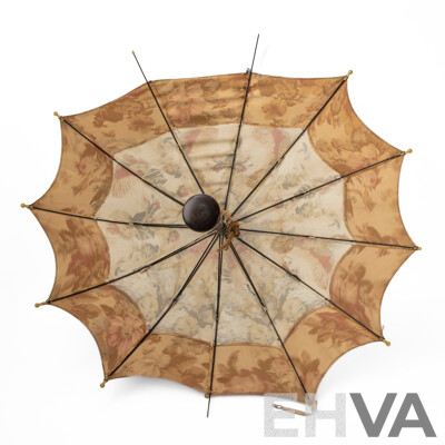 Vintage Fabric Parasol with Turned and Carved Timber Handle