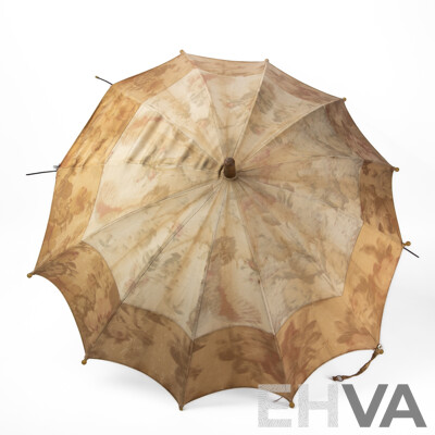 Vintage Fabric Parasol with Turned and Carved Timber Handle
