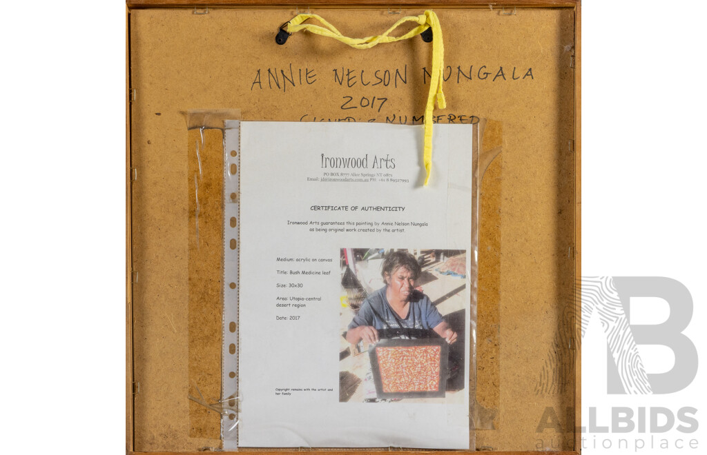 Annie Nelson Nungala (20th Century, Indigenous-Australian), Bush Medicine Leaf (2017), Wonderful Original Acrylic on Canvas, 42 x 42 cm (frame)