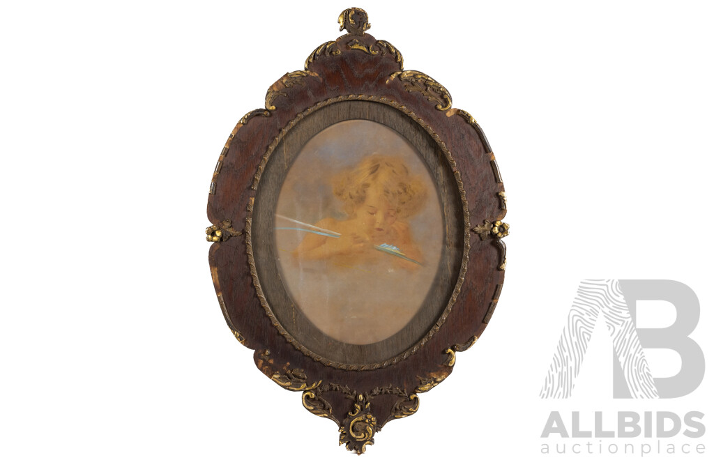 Artist Unknown (Early 20th Century), Cupid Awake & Cupid Asleep, Original Antique Oil & Watercolour, 83H x 56W cm (frames) (2)