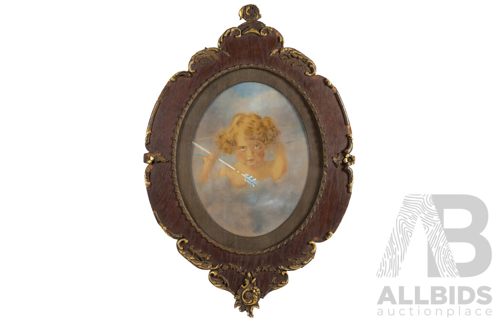 Artist Unknown (Early 20th Century), Cupid Awake & Cupid Asleep, Original Antique Oil & Watercolour, 83H x 56W cm (frames) (2)