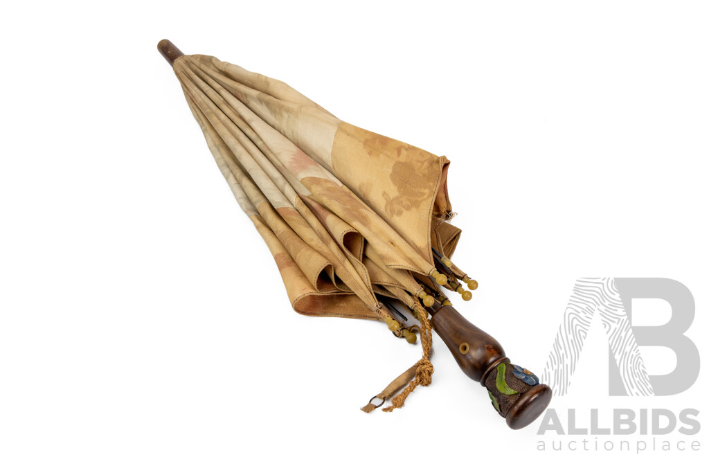 Vintage Fabric Parasol with Turned and Carved Timber Handle