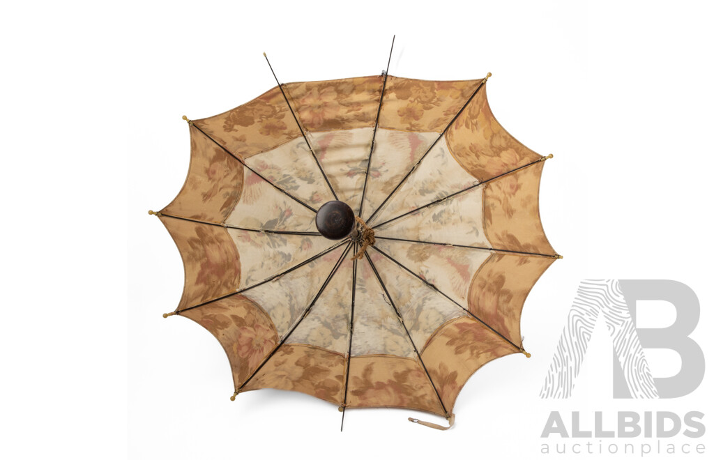 Vintage Fabric Parasol with Turned and Carved Timber Handle
