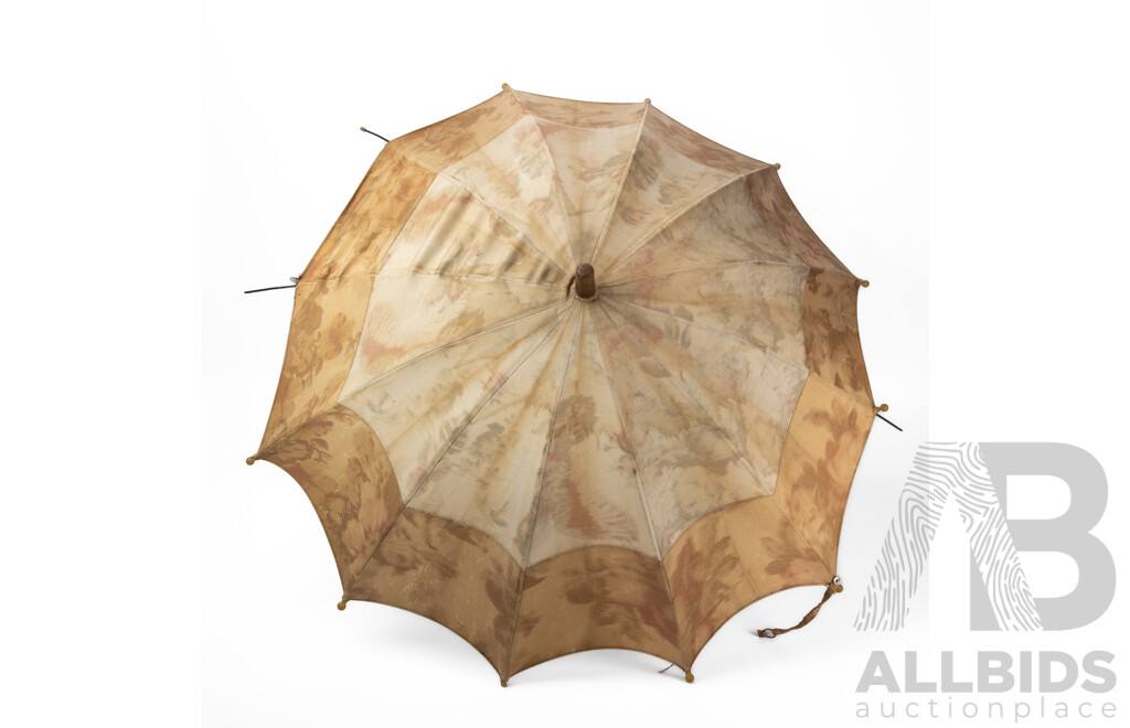 Vintage Fabric Parasol with Turned and Carved Timber Handle