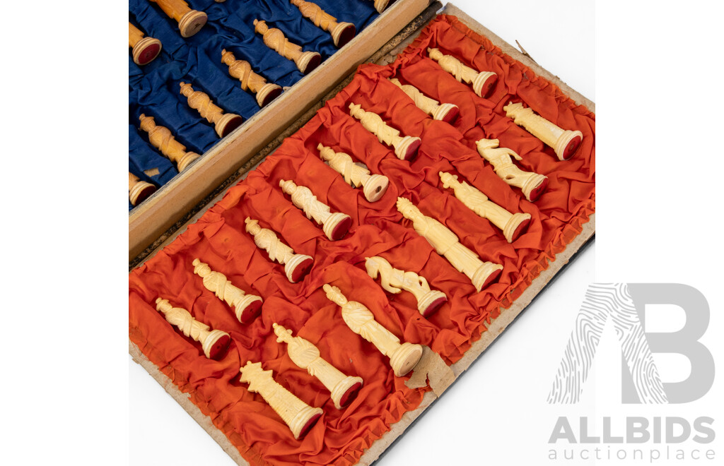 Vintage Set of Carved Chinese Bone Chess Pieces in Original Case