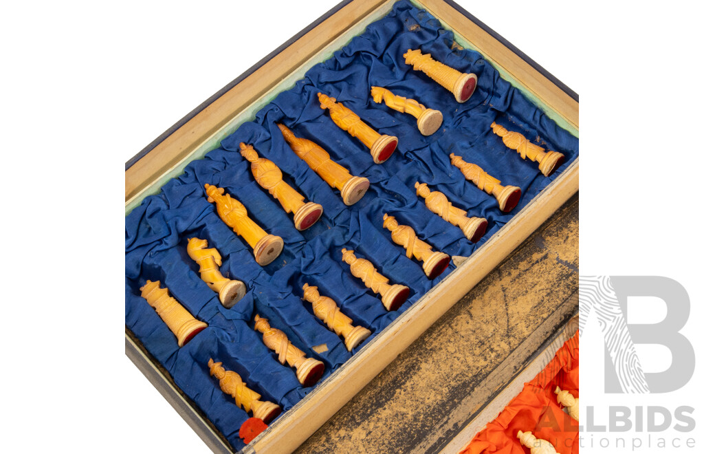 Vintage Set of Carved Chinese Bone Chess Pieces in Original Case