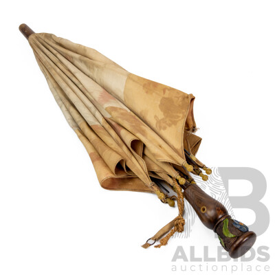 Vintage Fabric Parasol with Turned and Carved Timber Handle