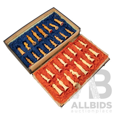 Vintage Set of Carved Chinese Bone Chess Pieces in Original Case