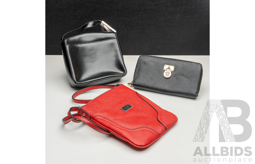 Oroton Black Leather Handbag, Guess Crossbody Bag, Kate Hill Document Holder/clutch Purse