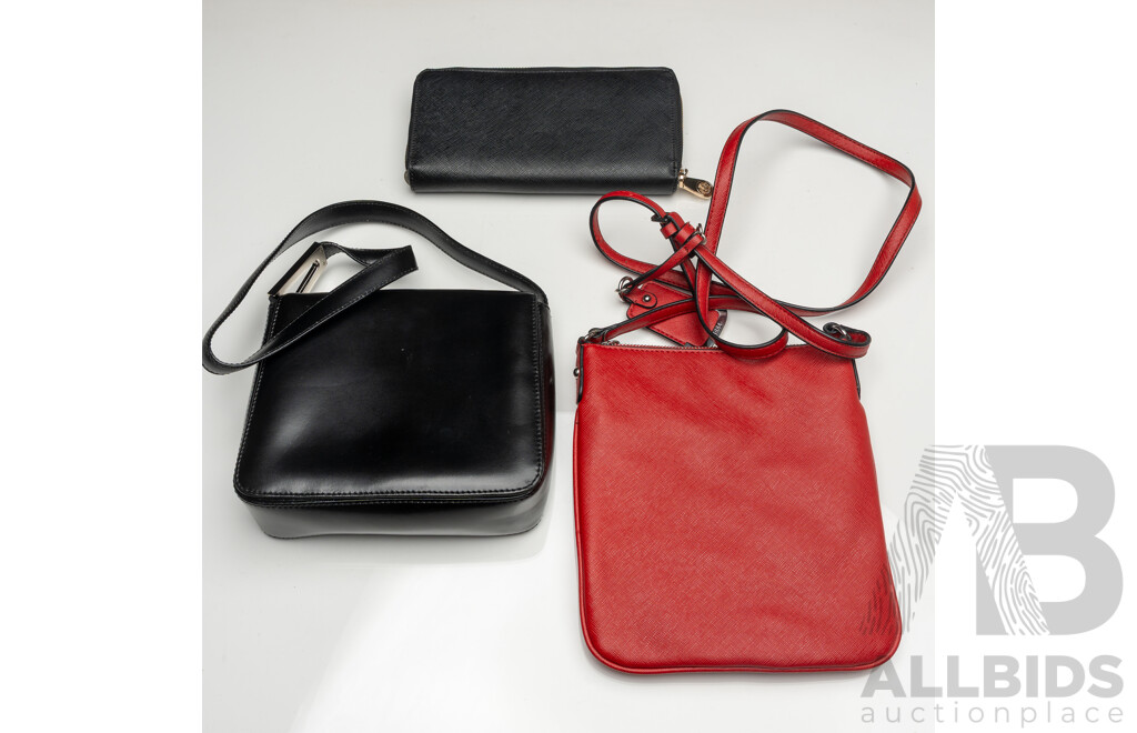 Oroton Black Leather Handbag, Guess Crossbody Bag, Kate Hill Document Holder/clutch Purse