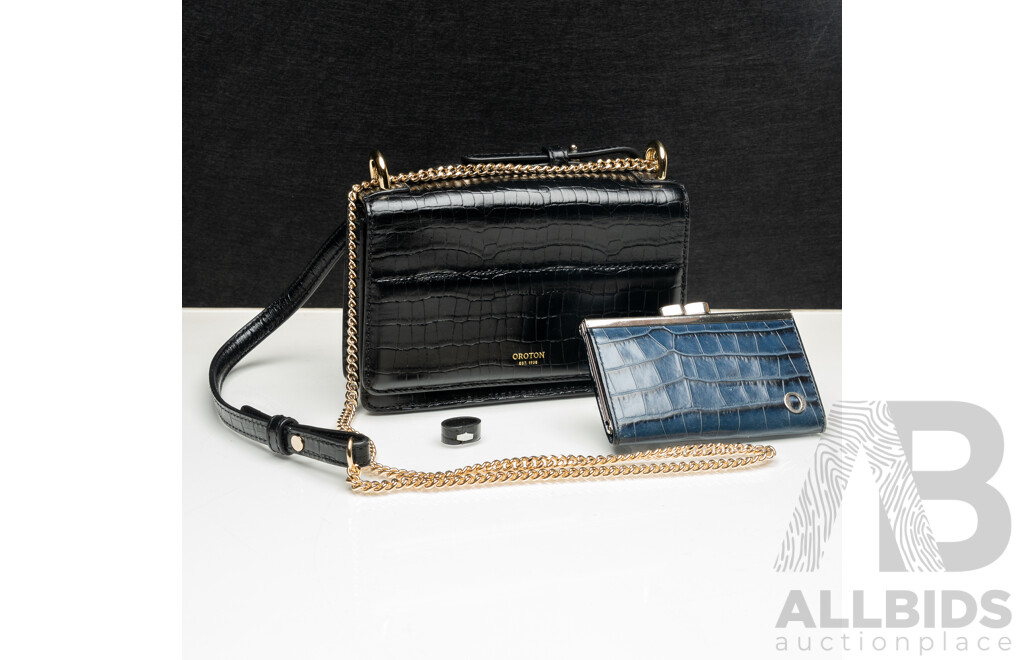 Oroton Forte Embossed Black Leather Clutch Bag with Removable Crossbody Strap & Oroton Navy Embossed Leather Coin Purse