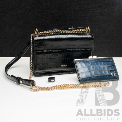 Oroton Forte Embossed Black Leather Clutch Bag with Removable Crossbody Strap & Oroton Navy Embossed Leather Coin Purse
