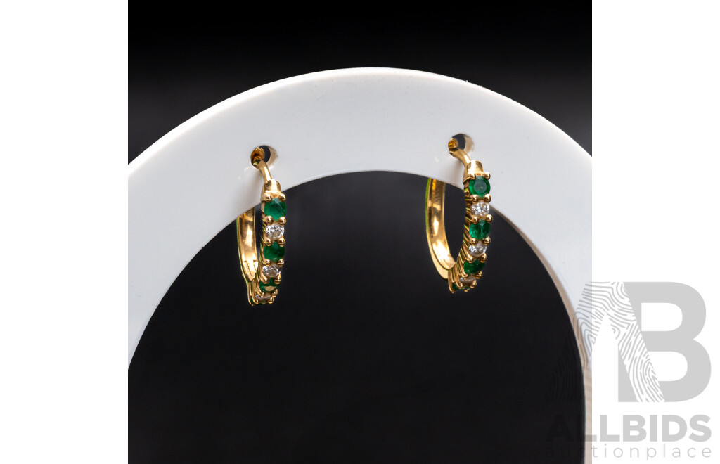 9ct Emerald & Diamond Hoop Earrings, TDW 0.10ct, 13mm, 1.87 Grams