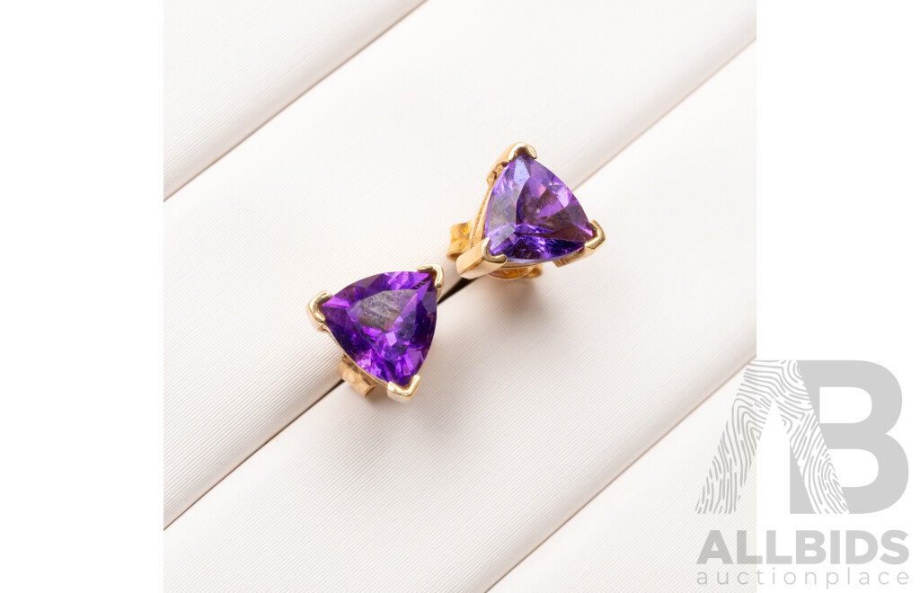 9ct Amethyst Trilliant Cut Stud Earrings, 6.8mm, 1.28 Grams