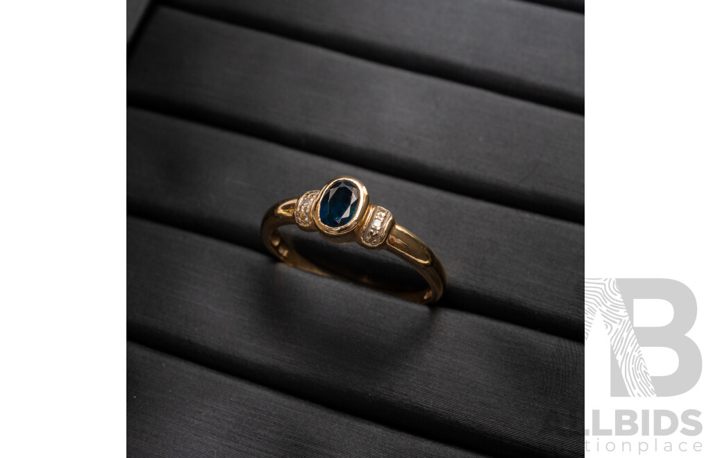 9ct Bezel Set Sapphire & Diamond Accented Ring, Size O, TDW0.01ct, 2.07 Grams