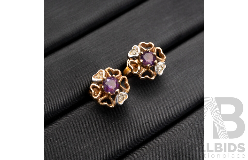 9ct Amethyst & Diamond Stud Earrings, 9mm, 1.44 Grams