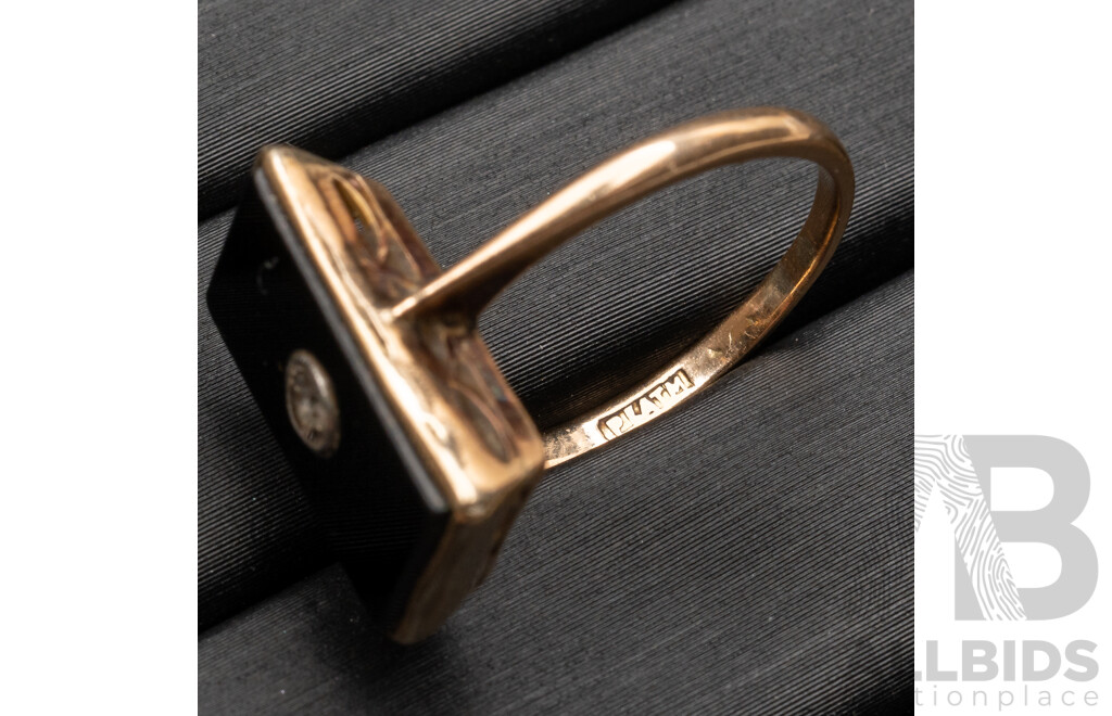 14ct Vintage Onyx & Diamond Art Deco Style Ring, TDW 0.07ct, Size L, 3.17 Grams