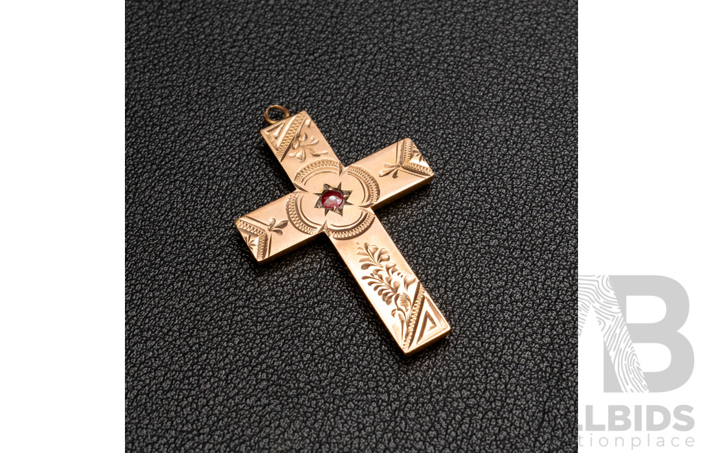 9ct Vintage Rose Gold Garnet Set Cross Pendant, 35mm, 2.56 Grams