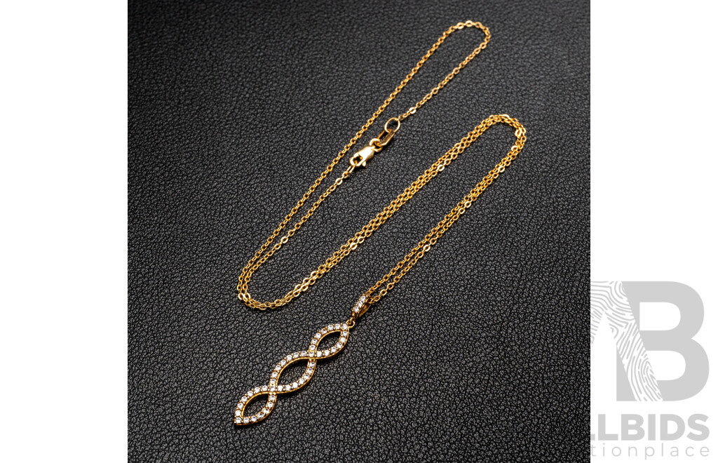 9ct Cubic Zirconia Set Twist Pendant on 9ct Trace Necklace, as New, 45cm, 2.81 Grams
