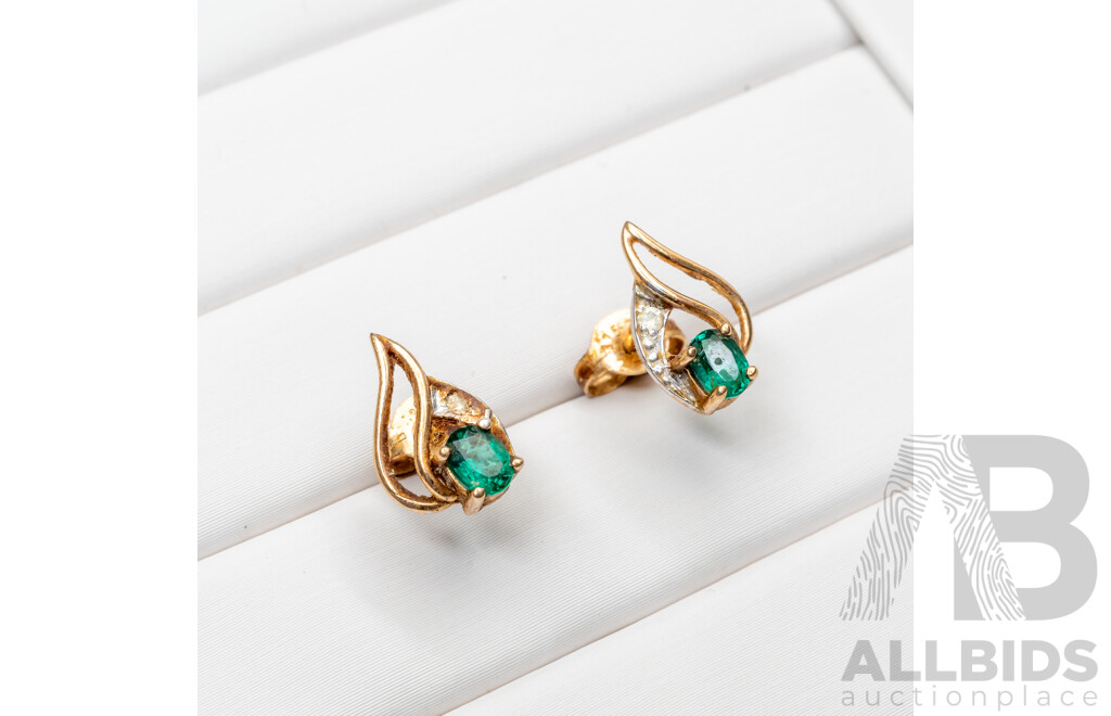 9ct Created Emerald & Diamond Stud Earrings, 12mm, 1.19 Grams