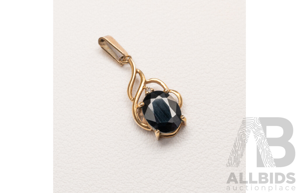 9ct Sapphire & Diamond Pendant, 25mm, 1.49 Grams