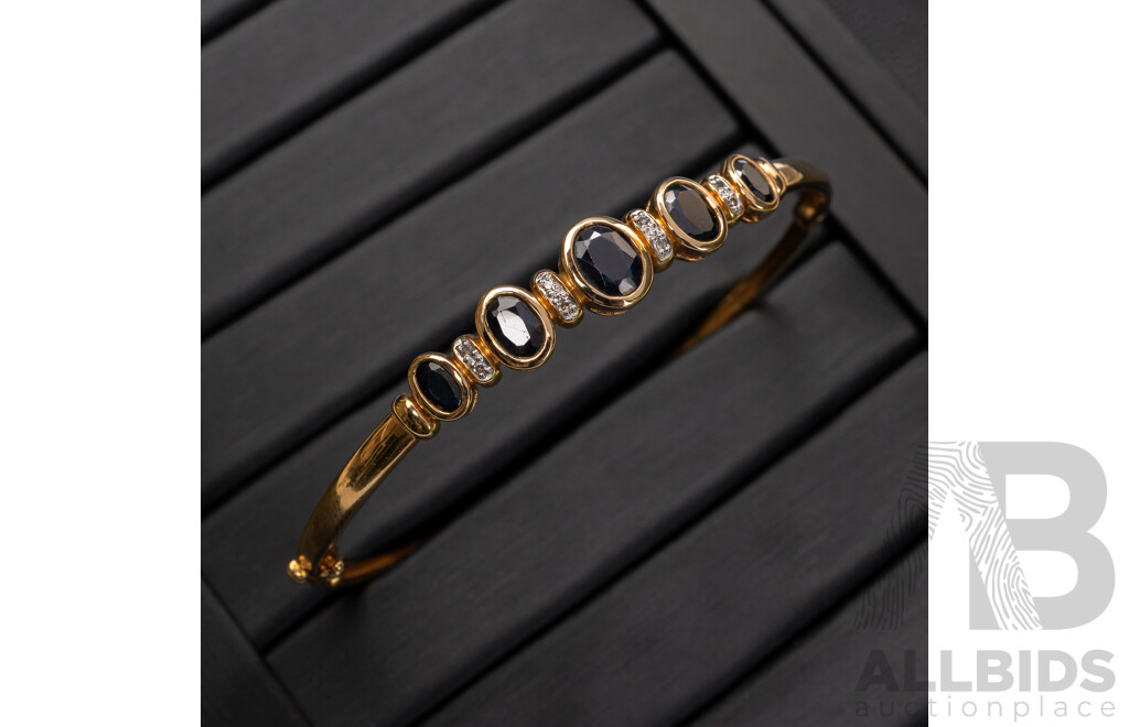 A&C 9ct Yellow Gold Sapphire & Diamond Hinged Bangle, 54mm Internal Diameter, 7.27 Grams