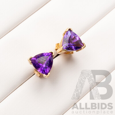 9ct Amethyst Trilliant Cut Stud Earrings, 6.8mm, 1.28 Grams