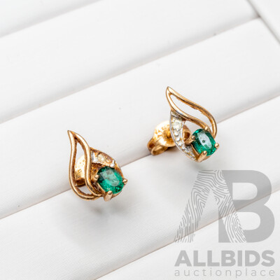 9ct Created Emerald & Diamond Stud Earrings, 12mm, 1.19 Grams