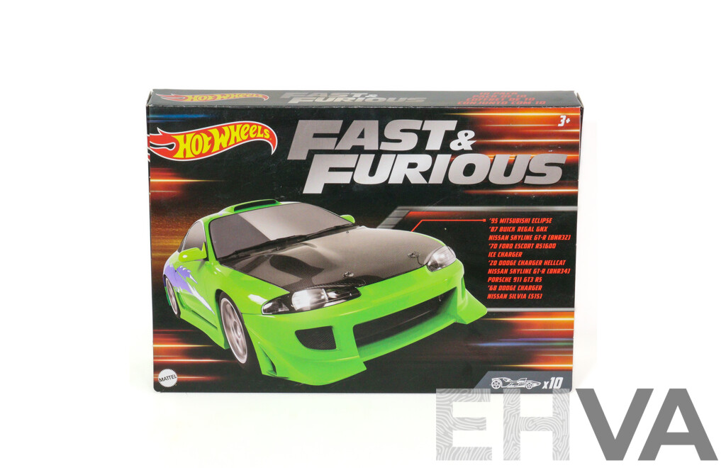 Boxed Hot Wheels Fast & Furious Ten Car Set Including Nissan, Dodge, Mitsubishi, Porsche, Ford, Buick