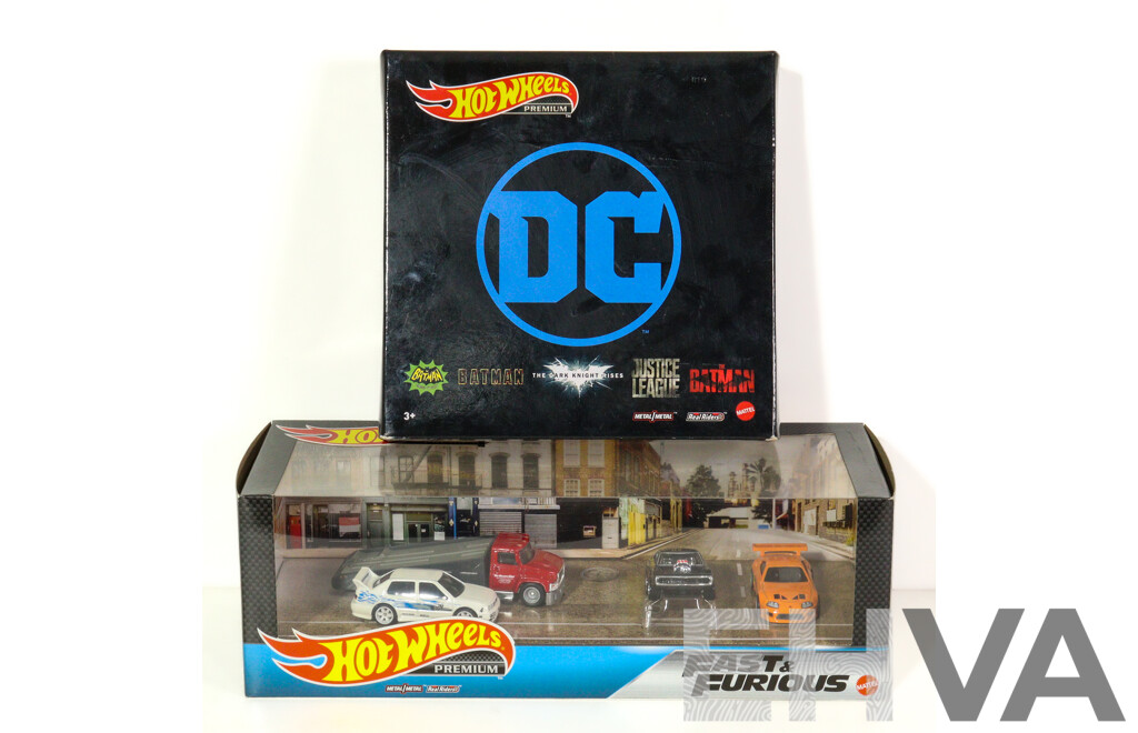 Boxed Hot Wheels Premium Fast & Furious Street Scene Set and DC Batman Five Vehicle Set