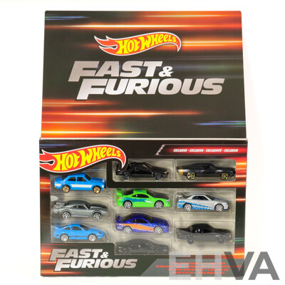 Boxed Hot Wheels Fast & Furious Ten Car Set Including Nissan, Dodge, Mitsubishi, Porsche, Ford, Buick